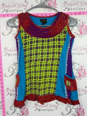 Rising International Multicolor patch Sleeveless Tunic Top - Lime, Teal & Purple